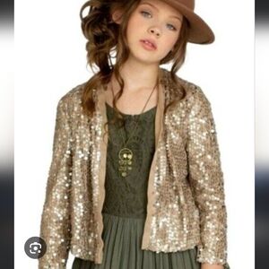 Joyfolie Girls Gold Sequin Jacket with Taupe Trim